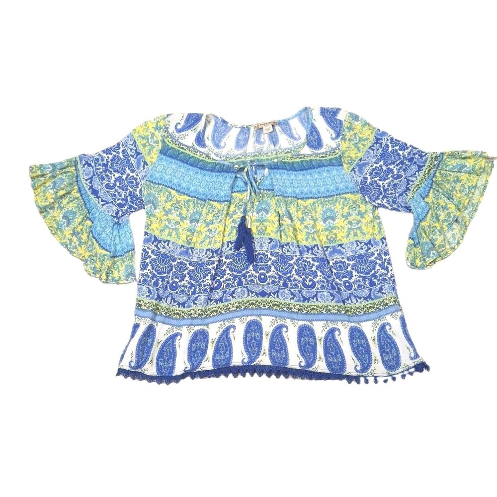 ENERGE WORLD WEAR PM BLOUSE blue PAISLEY BOHO TASSEL BELL SLEEVE RAYON Womens